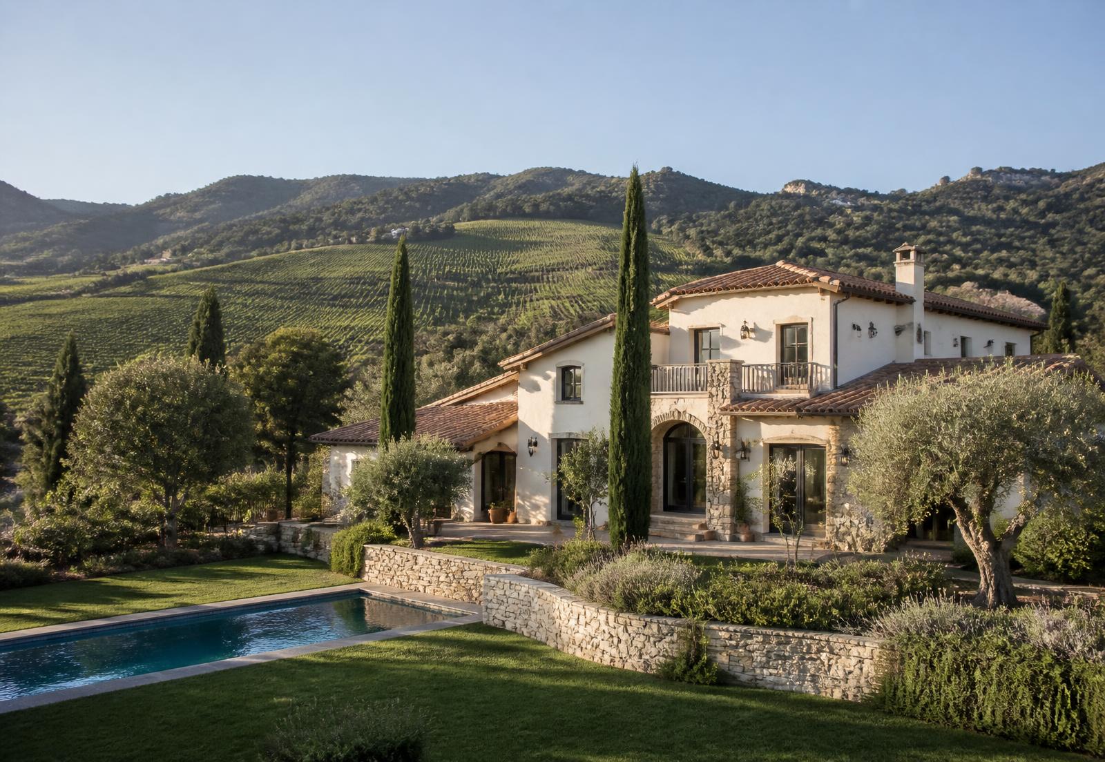 Fachada de Casa Alella con jardín, cipreses y viñedos al fondo