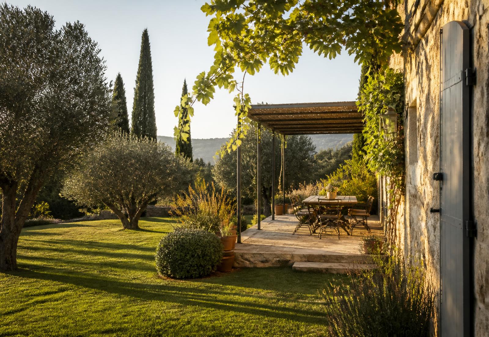Pérgola y jardín de Casa Alella con olivos y mesa exterior