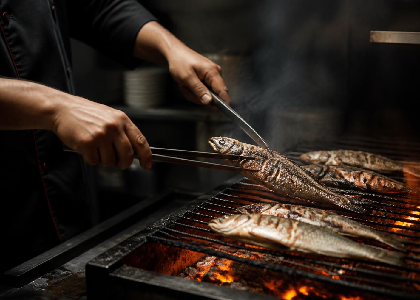 Mans del cuiner girant peix sobre la brasa
