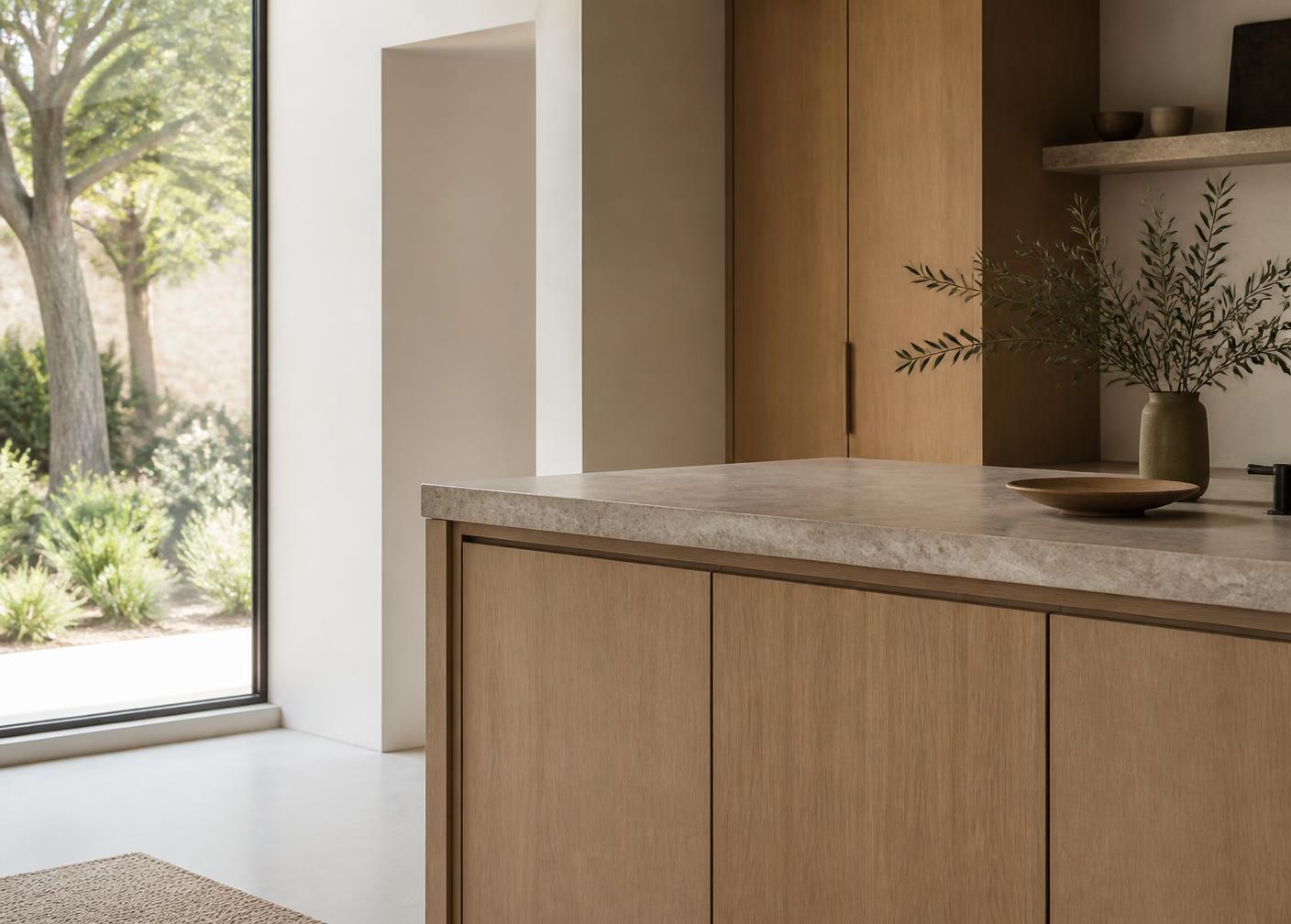 Cocina abierta de la Casa Cabrils con isla central y carpintería de roble