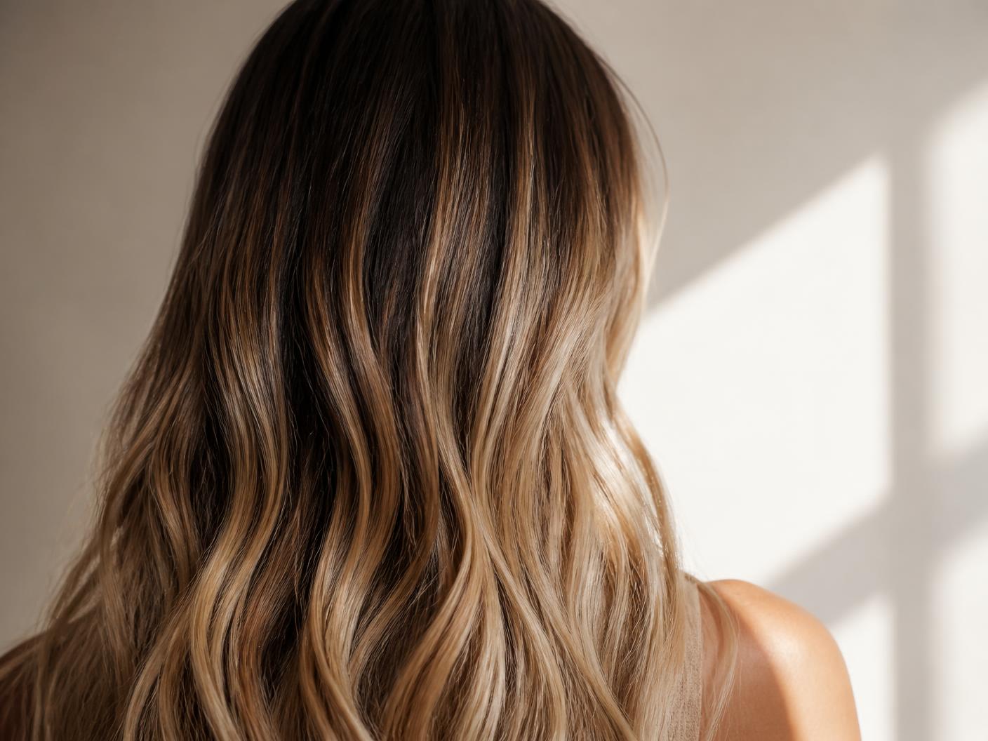 Detall macro de metxes balayage sobre cabell castany