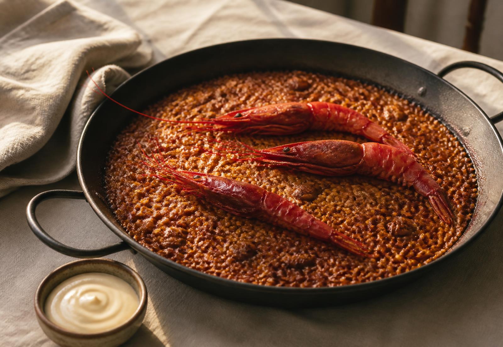 Arròs de gamba vermella en paella d'acer sobre tovalles de lli