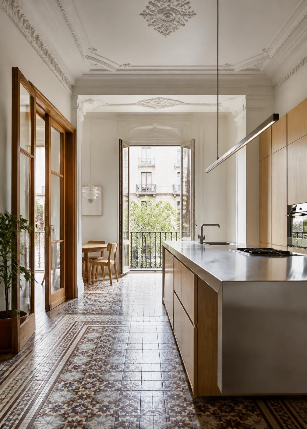 Cocina de acero y roble en un piso del Eixample con mosaico hidráulico