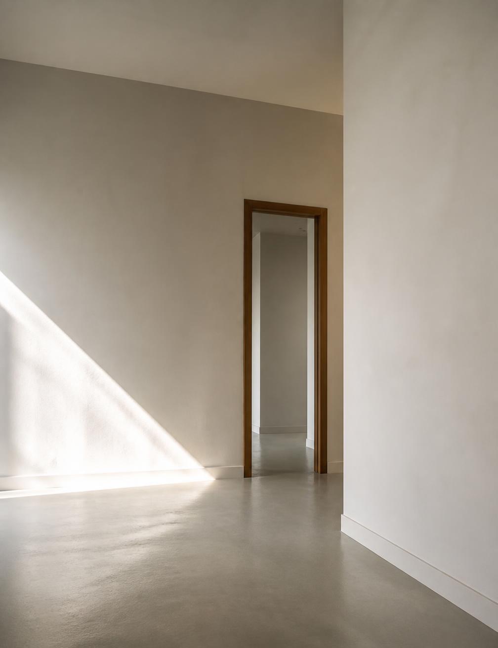 Estancia vacía con suelo de microcemento y luz rasante sobre pared de yeso