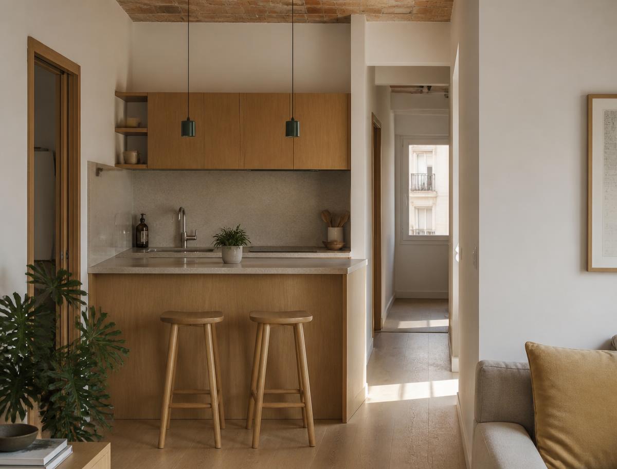 Cocina abierta con frentes de roble y viguería catalana en Gràcia