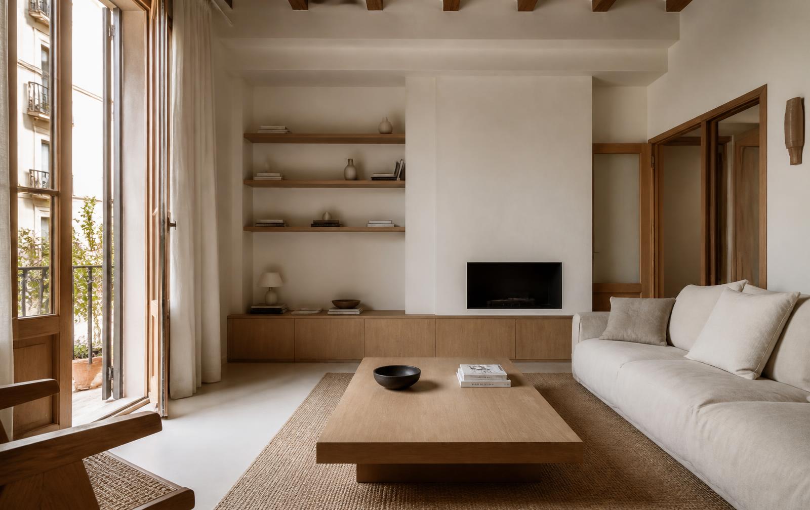 Salón reformado con carpintería de roble, paredes de cal y luz natural de balcón