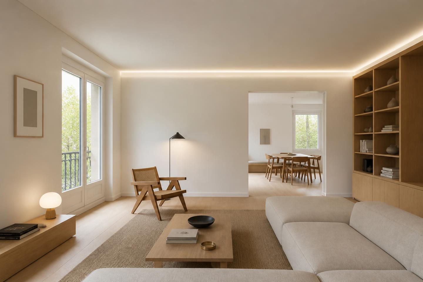 Salón reformado de Casa M01 con suelo de roble y estantería a medida