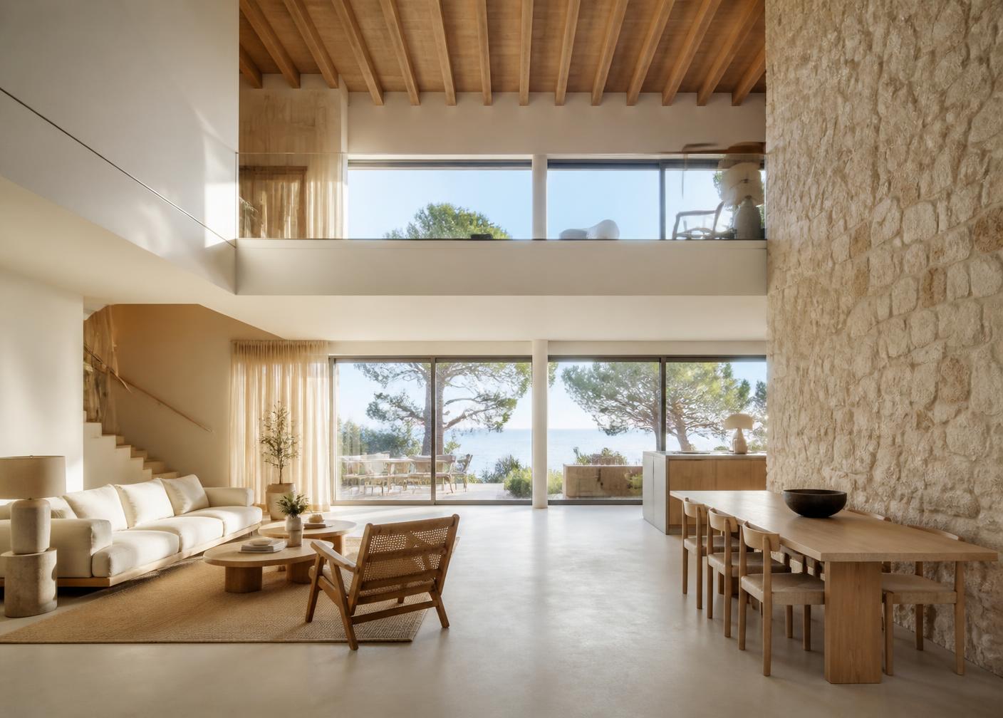 Interior de una casa del Maresme con doble altura, piedra y microcemento