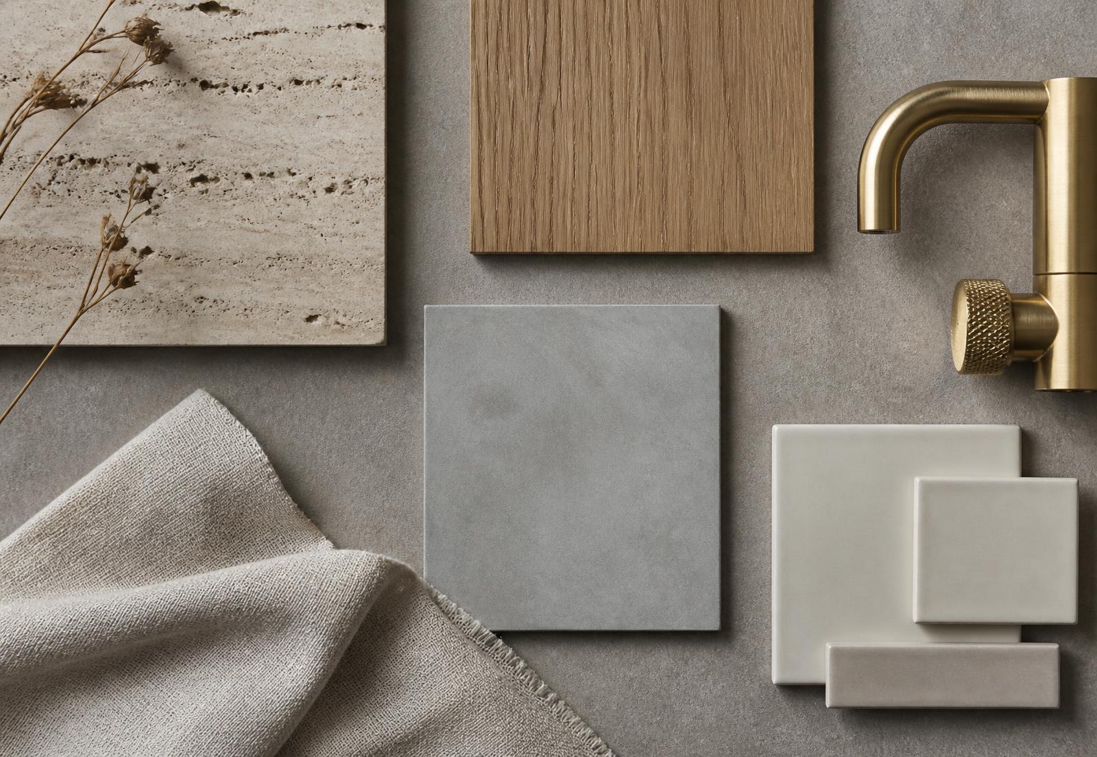 Muestrario de materiales: travertino, roble, microcemento, cerámica, lino y grifería de latón