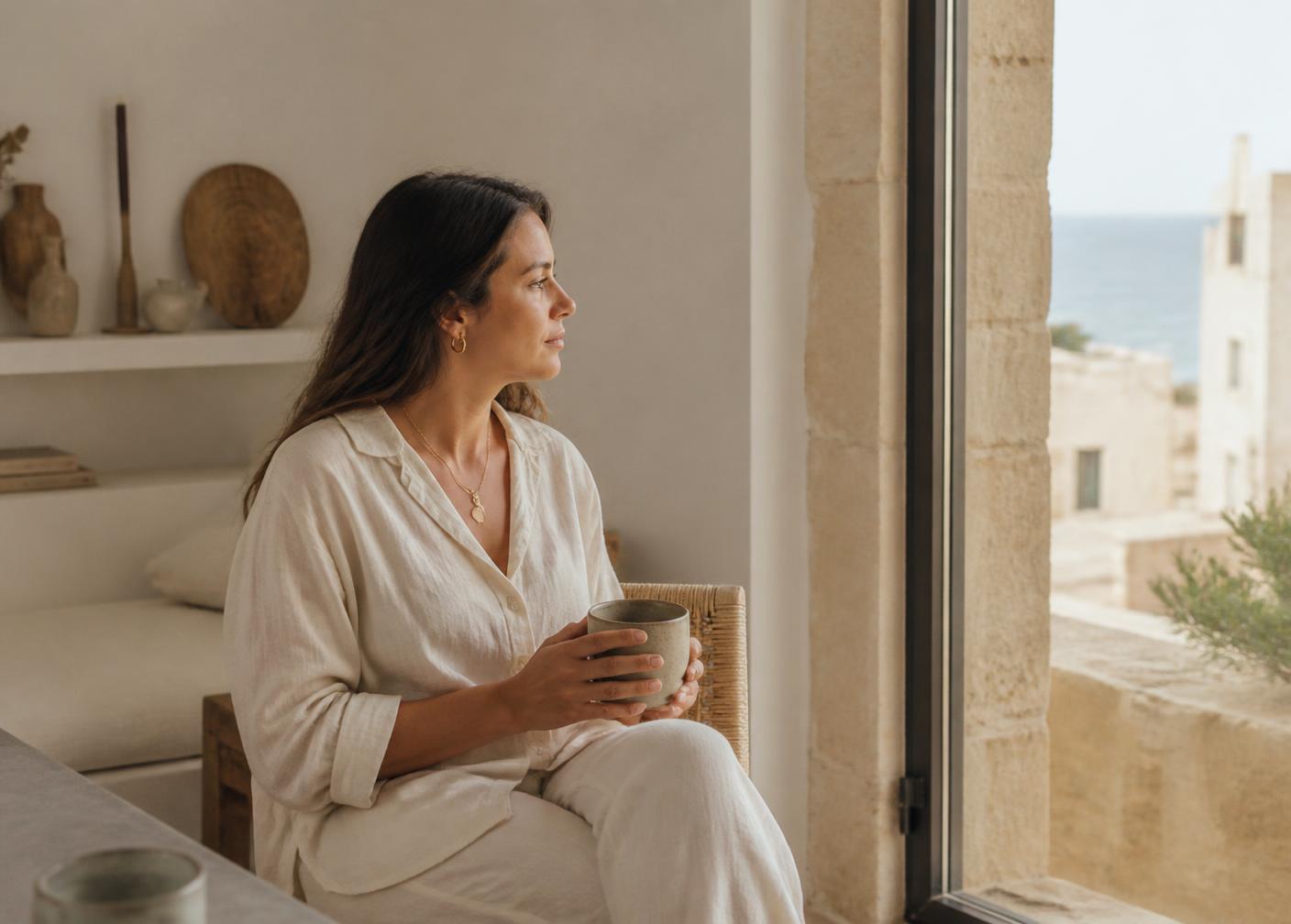 Persona sentada junto a un ventanal con una taza, en un interior mediterráneo luminoso