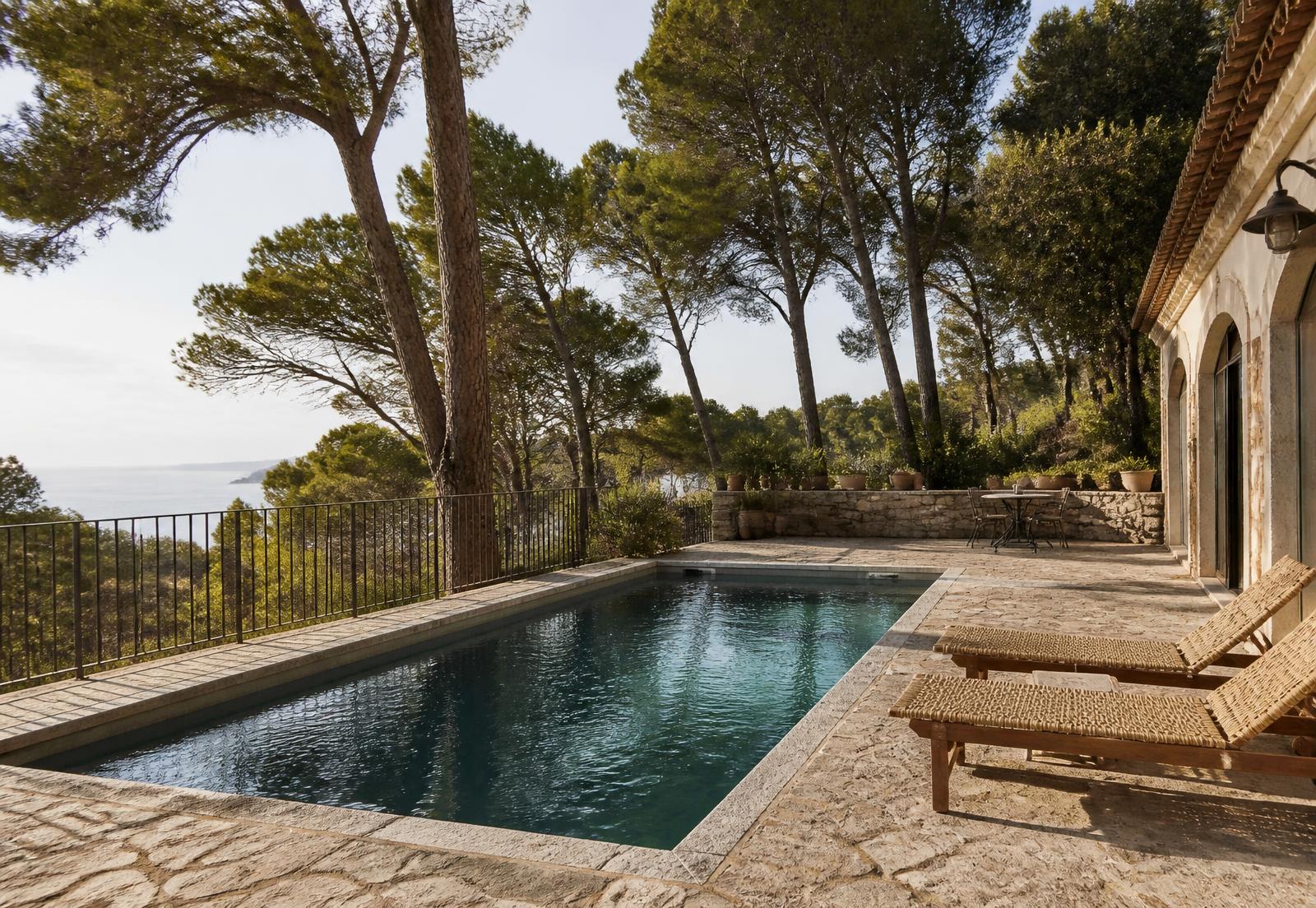 Piscina de Casa dels Pins rodeada de pinos y pavimento de piedra