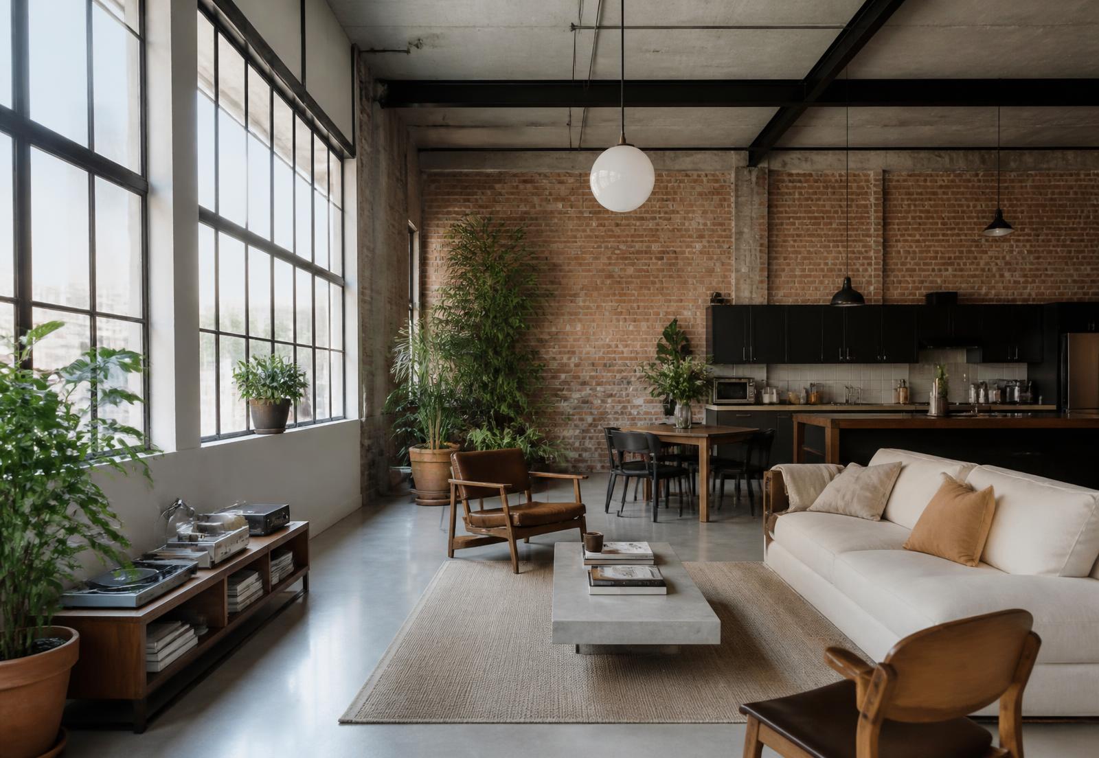Salón del Piso Poblenou con ladrillo visto y ventanales industriales