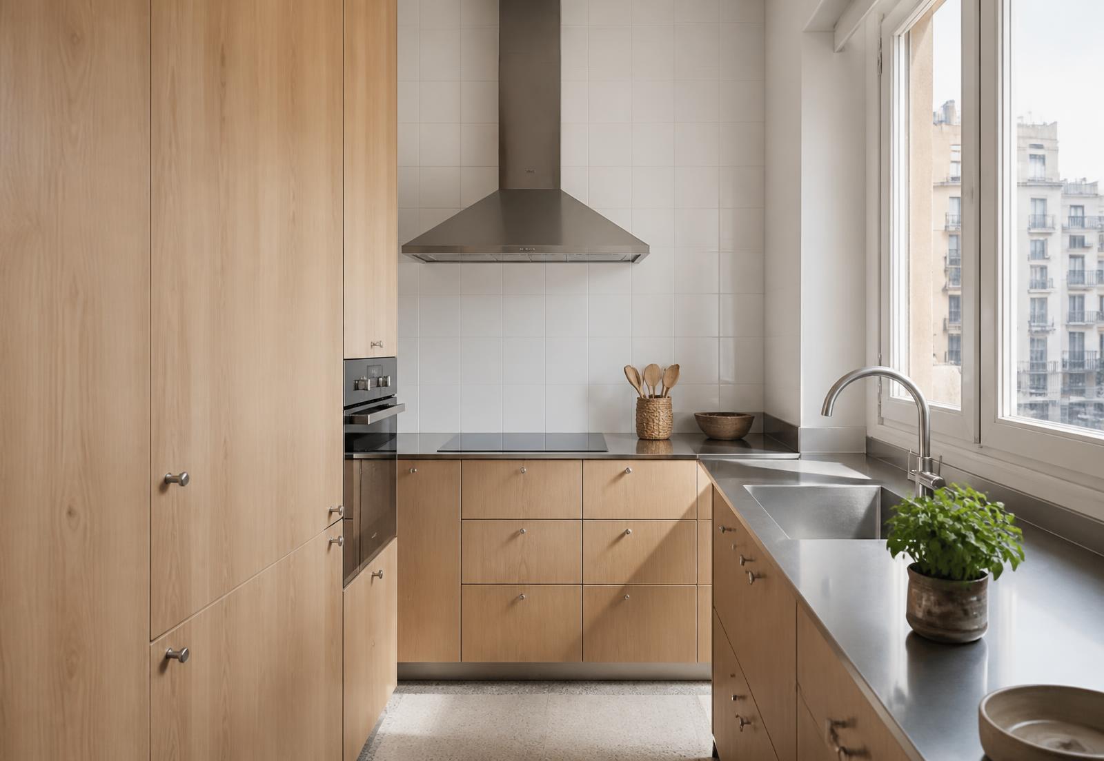 Cocina del Ático Provença con frentes de madera clara y encimera de acero