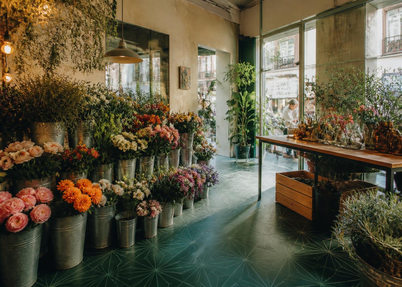 Interior de la tienda de FLORA con flores y estanterías