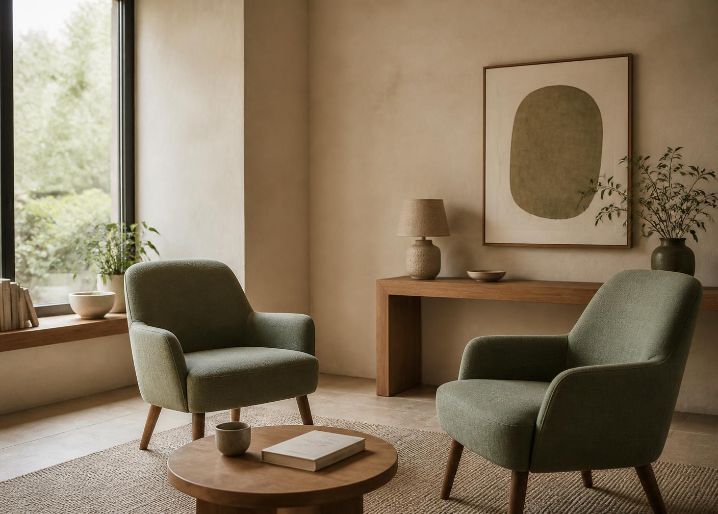Sala de consulta con dos butacas enfrentadas, mesa baja de madera y luz natural