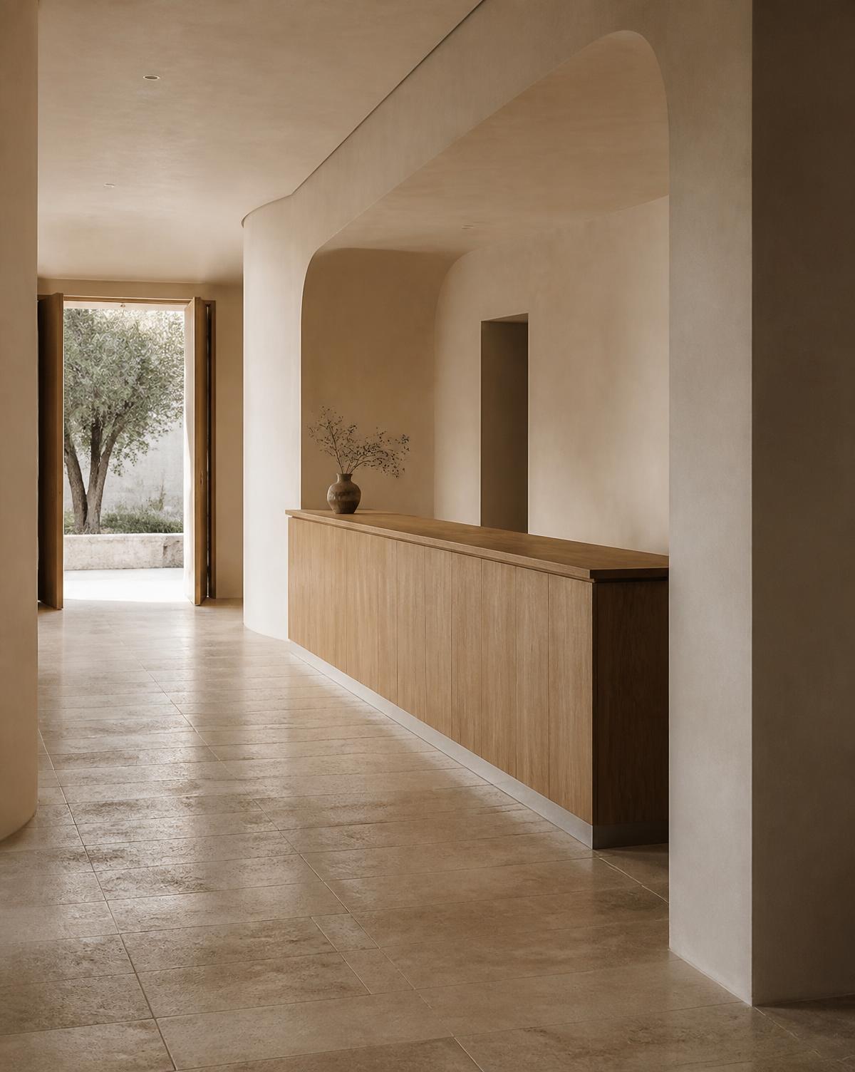 Recepción con mostrador de madera clara, paredes de cal y suelo de travertino