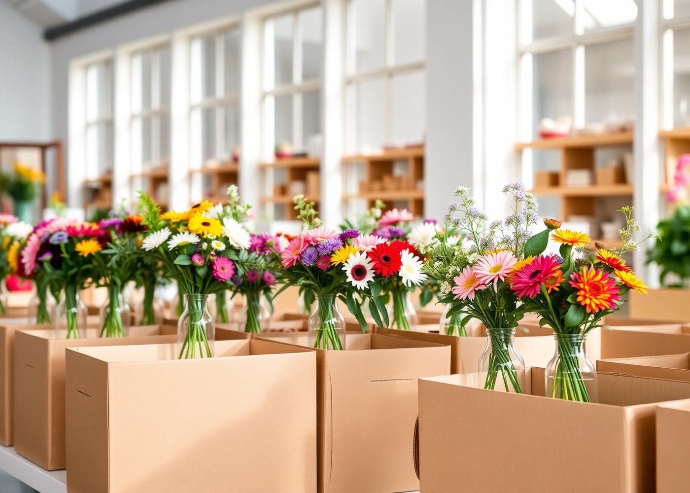 Cajas de reparto con flores preparadas en el taller
