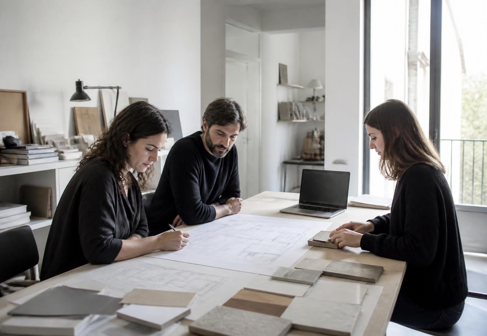 Equipo de ATRA revisando planos y muestras de material en el estudio