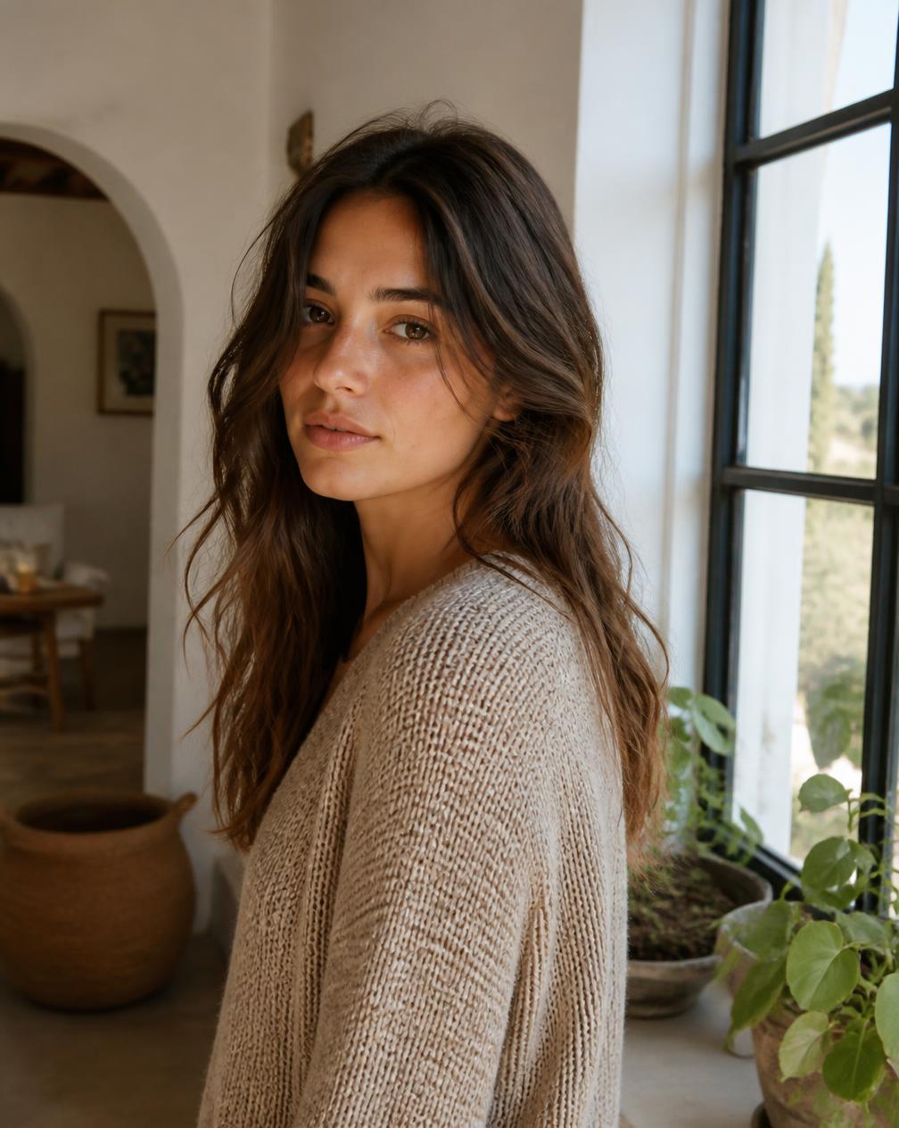 Retrato de Clàudia Font junto a una ventana con plantas