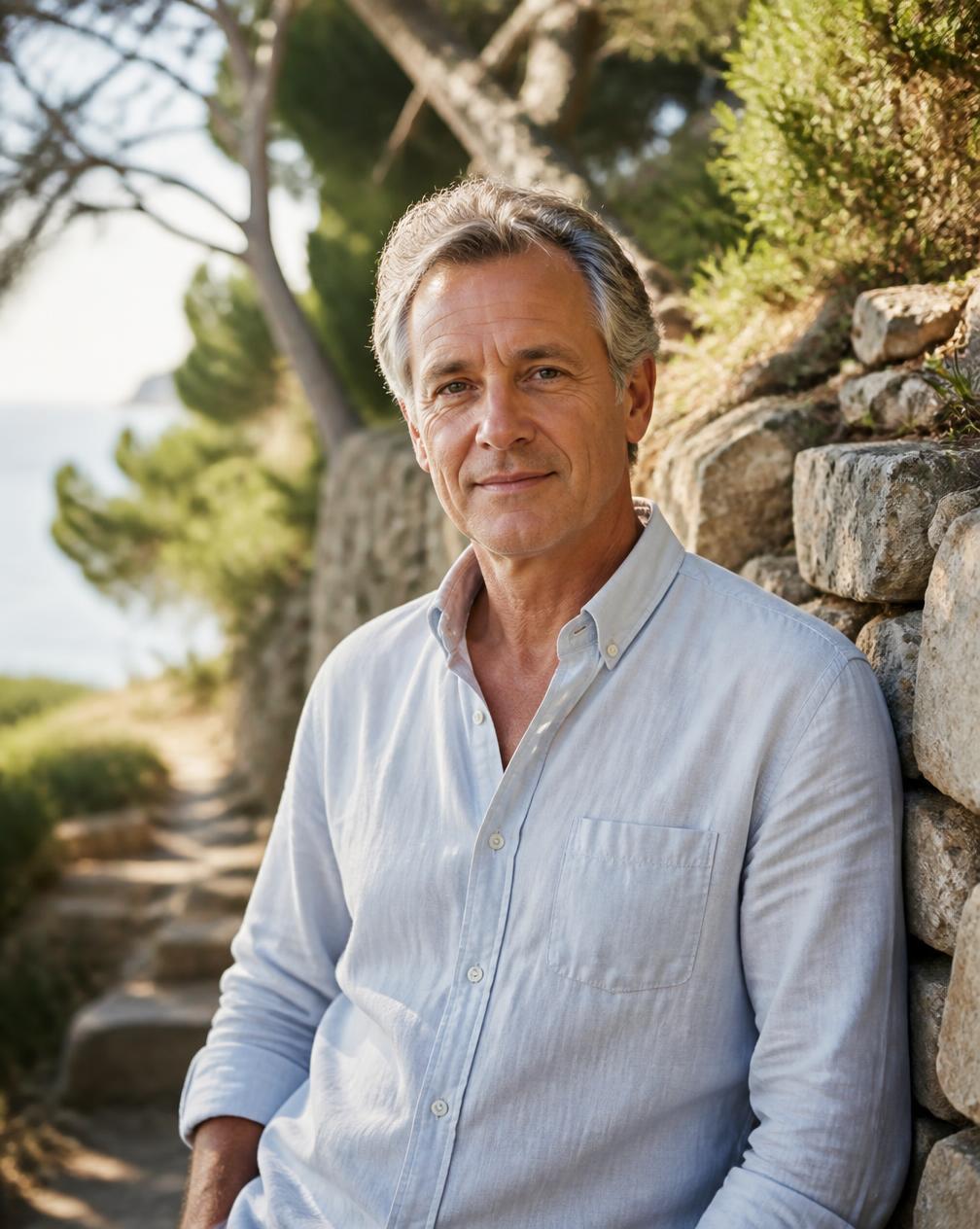 Retrato de Oriol Mas junto a un muro de piedra mediterráneo