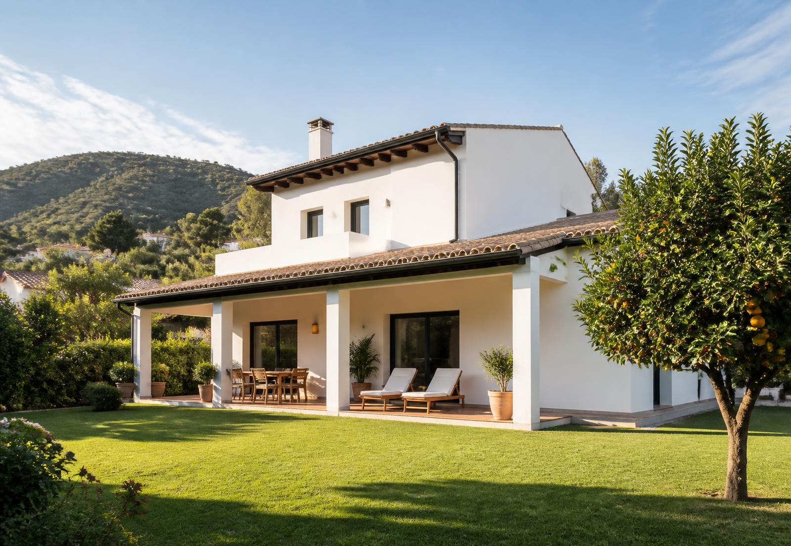 Casa Sant Mateu con porche, jardín de césped y naranjo